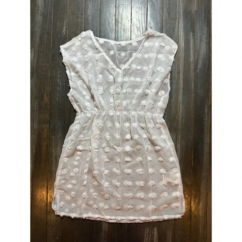 White Swiss Dot Pom Pom Beach Cover Up Tunic Dress Kids V-Neck